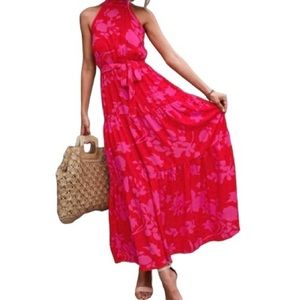 Boho Pink Floral Print Halter Maxi Dress.  Worn once.  Beautiful dress.